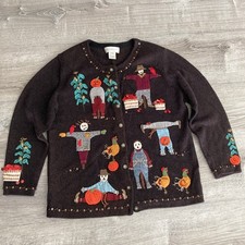 Vintage Susan Bristol Halloween Sweater Cardigan Size 1W 1X Brown Beaded Y2K picture