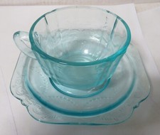  Vintage Indiana Glass Federal Madrid Recollection Teal Aqua Cup & Saucer  picture