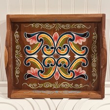 Vtg Hand Painted Wood Serving Tray Costa Rican Folk Art Tropical Tiki Boho picture