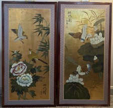 Pair Vintage 1988 Chinese Gold Leave Wall Panels — Hand Painted Chinoiserie Art picture
