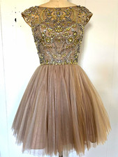 Sherri Hill Champagne/Gold Beaded Tulle Fit & Flare Formal Dress picture