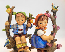 Goebel Hummel Boy & Girl Tree Figurines Set/2 HandPainted Bluebird Apples Sweet picture
