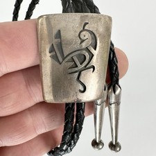 Vintage Western Hopi Sterling Silver Overlay  Stylized Bird Bolo Tie Hallmarked picture