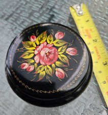 Vintage Russian Lacquer Box Hand Painted Metal Tin Floral Trinket Jewelry BoxN90 picture