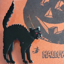 VINTAGE JONELLE JJ BLACK CAT BROOCH PIN~HALLOWEEN~CUTE & SCRAGGLY w/RED EYES  picture