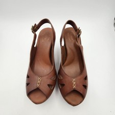 Kork-Ease Bette Tan Leather Platform Wedge Sandals Slingback Peep Toe Brown 9 picture