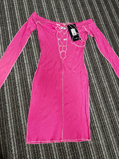 Fashion Nova Pink Ribbed Knit Sweetheart Off Shoulder Lace-Up Midi Bodycon M picture