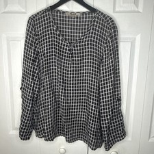 Flax Black & White Check Long Sleeve, Tab Sleeve 100% Linen Tunic Top picture