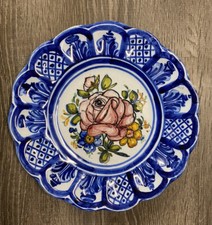 Talabricense Talavera Art Pottery Wall Plate Hand Painted Spain VTG Blue Rose picture