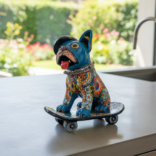 Talavera Frenchie Statue | Colorful Skateboarding Bulldog Art picture