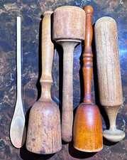Vintage Brown Wooden Potato Mashers Lot of 5 Original Wood Handle Kitchen Tool picture