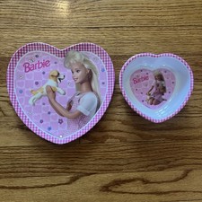 Vtg 90’s  Barbie Heart Shaped Plate & Bowl Set Pink Gingham Border Melamine picture