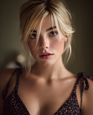 Freckled Blonde Close-Up in Dark Floral Dress Portrait Print - 881362390 picture
