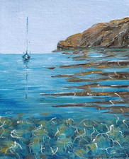 TEXTURED IMPASTO OIL BOAT STONES MOUNTAINS Original Arts Painting Seascape Gifts picture