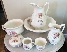 Victorian Semi-Vitreous Porcelain K T @ K 9 Piece Pitcher Bowl Set White/floral picture