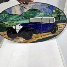 Large Vintage Stained Glass Window Panel Classic Car Duesenberg Packard Oval 30