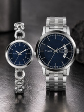 Timex His and Hers Watch Set Navy Blue Dial Silver Stainless Steel Date Pair picture