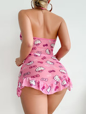 Large Pink Hello Kitty Lingerie Bodycon Babydoll. Cut-Out, Ruffle Hem Backless picture