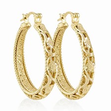Elegant Floral Filigree Gold Hoop Earrings Handcrafted in Istanbul Vintage Style picture