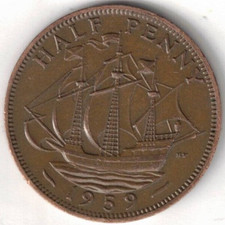 1959 Great Britain Circulated Half Penny Elizabeth II & The Golden Hind Coin picture