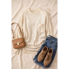 Vintage Cream Pocket Sweater Small Deadstock Ivory Knit Crewneck Retro Classic picture