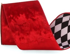 Red Crushed Velvet Wired Ribbon with Black White Diamond Check Reversible 4 Inch picture
