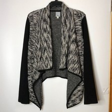 Abbeline Womens Black Gray Marled Waterfall Draped Open Front Cardigan L LARGE picture