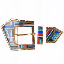 Tom David Navajo 14k gold turquoise-coral-lapis inlay ranger buckle 3/4