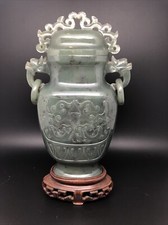 Antique Chinese Spinach Jade Vase 6”Qing Dynasty  W/ Wood Stand和田碧玉 picture
