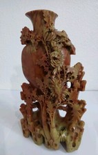 Vintage Chinese Soapstone Chrysanthemums & Foliage Vase Sculpture China-Pre 1921 picture