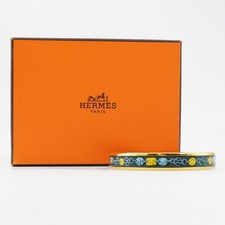 Hermès Yellow Gold-Plated H Chain-Print Enamel Bangle Bracelet In Green/Blue picture