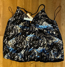 AQUA Women's Black/Silver Sequin V-Neck Spaghetti Strap Cami Top Size L picture