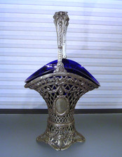 Antique German Silver Plate? Pierced Basket Blue Glass Liner picture