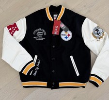 NFL Pittsburgh Steelers Black Yellow Leather Wool Bomber Varsity Jacket Sz XL picture