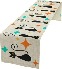 Mid Century Cat Table Runner, Black Cat 1950s 1960s Modern Art Colorful Minimali picture