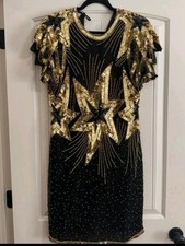 Vintage 80s Stenay Silk Black Gold Sequin Beaded Dress Art Deco Cocktail Size 10 picture