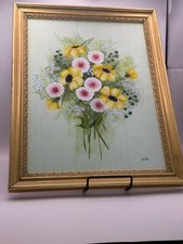 Vintage Original Hand-Painted Framed Yellow Pink Blue Floral Artwork Signed  picture