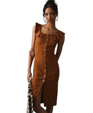 Anthropologie Ruffle Button-Down Midi Dress Rust Brown Linen S Cottagecore Boho picture