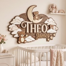 Personalized Celestial Wood Name Sign, Wooden Cloud Nursery Plaque, Baby Gift picture