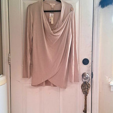 Cupio Women's XL Regular Beige Solid Cowl Neck Long Sleeve Pullover Button Top picture
