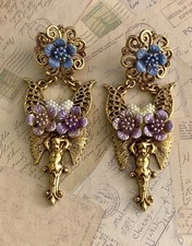 Stunning Vintage 1928 Jewelry  victorian revival Ornate Cherub & Floral Earrings picture