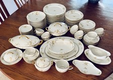 Antique Wm Guerin Limoges France Dinnerware Service 98 Pcs Yellow Rose Gold Rim picture