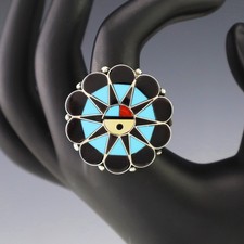 NATIVE AMERICAN ZUNI STERLING SILVER  & INLAY SUN FACE RING BY DELWIN GASPER picture