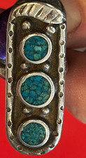 Vintage Silver Oval Band Ring, 3 Round Blue Turquoise Bezel Set mosiacs Signed picture
