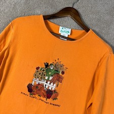 Quacker Factory Top Womens Large Orange Embroidered Fall Scarecrow Long Sleeve picture