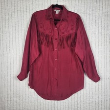 Gallagher Western Shirt Women S Red Silk Fringe Embroidered Cowgirl Boho Chic picture