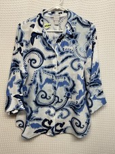 Chico's No Iron Linen Button Down Shirt Blouse Size 2/L 3/4 Sleeve Blue Paisley picture