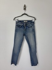 AMO Jane Blue Bell Kick Flare Raw Hem Jeans Size 25 Blue Medium Wash Distressed picture