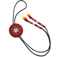 Handmade Beaded Red Star Bolo Tie with Black Leather, Adjustable Length picture