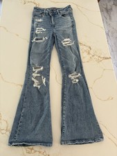 American Eagle Super High Rise Flare Jeans Women's Size 4 REG Distressed Denim picture
